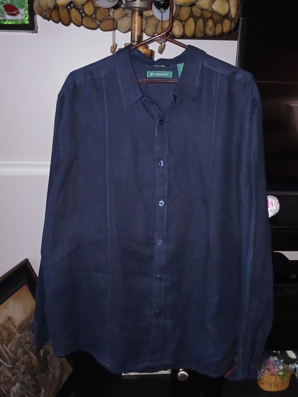Cubavera Men's Navy 100% Linen Long Sleeve Button Up Collar Shirt Sz L